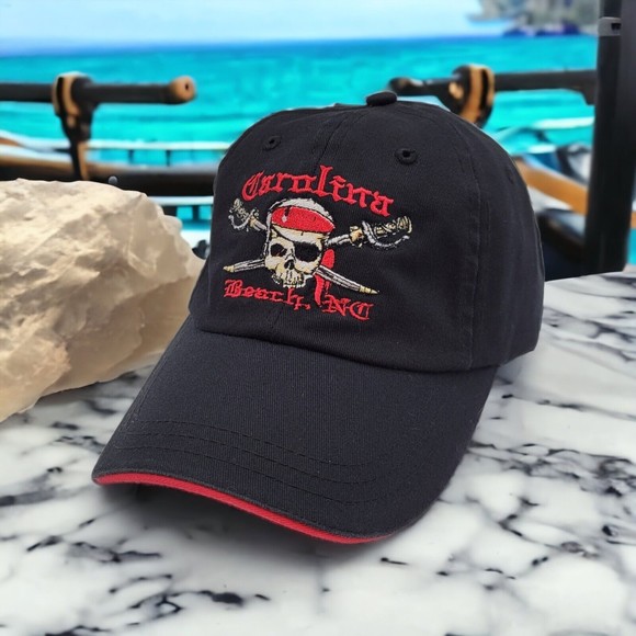 Carolina Beach NC North Carolina Pirate Embroidered Black Red Hat Cap Hook Loop - Picture 1 of 11